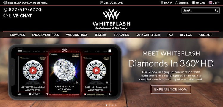 Whiteflash Homepage Banner showing loose diamonds on a mobile