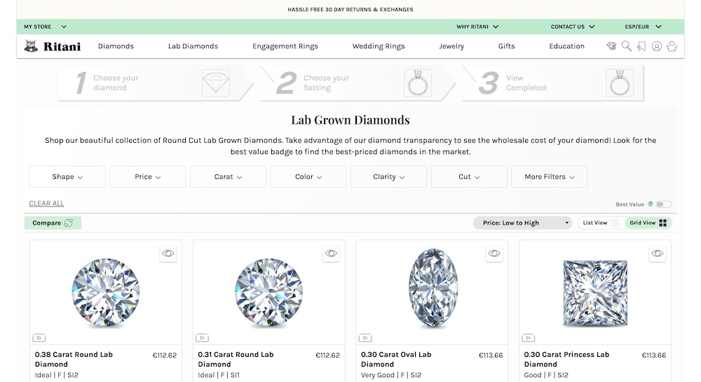 Ritani Lab Diamonds Search Page