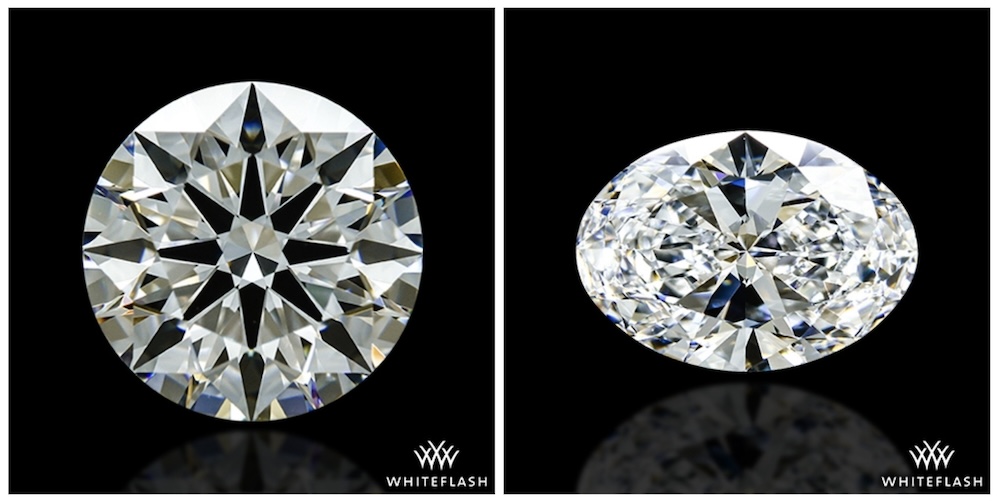 Comparative Image of a Round and Oval Diamond: Both diamonds have identical carat weights, yet exhibit distinct dimensions. The round diamond measures 6.44x6.46x3.97 mm, showcasing a more compact form, while the oval diamond, at 8.13x5.72x3.53 mm, presents a more elongated and slender appearance, illustrating how shape influences perceived size and dimensions.