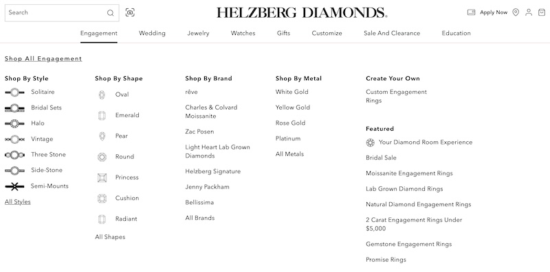 Screenshot of Helzberg Diamonds' engagement ring dropdown menu, displaying available shapes, styles, and metal options.