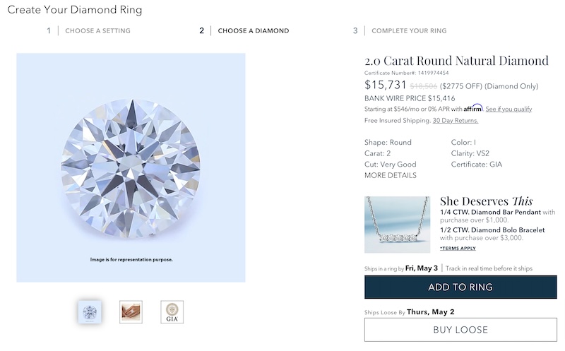 Screenshot of the With Clarity diamond selection webpage showing a graphic representation of a 2.0-carat round diamond, with details for customization.