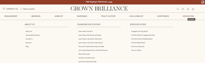 A screenshot of the Grown Brilliance website's education menu. The menu is categorized into three sections: About Us, Diamond Education, and Jewelry Guide. Topics under Diamond Education include learning about the 4Cs, diamond shapes, lab-grown diamonds, and more. The Jewelry Guide offers insights into engagement ring styles, wedding bands, and how-to videos. The layout is clean, with a minimalistic design in a monochrome color scheme, and links for 'CONTACT US' and a 'Store Locator' are at the top.