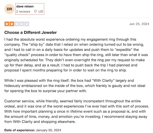 A screenshot of a Trustpilot review by a customer named Dave Reisen, expressing dissatisfaction with their engagement ring order from With Clarity.