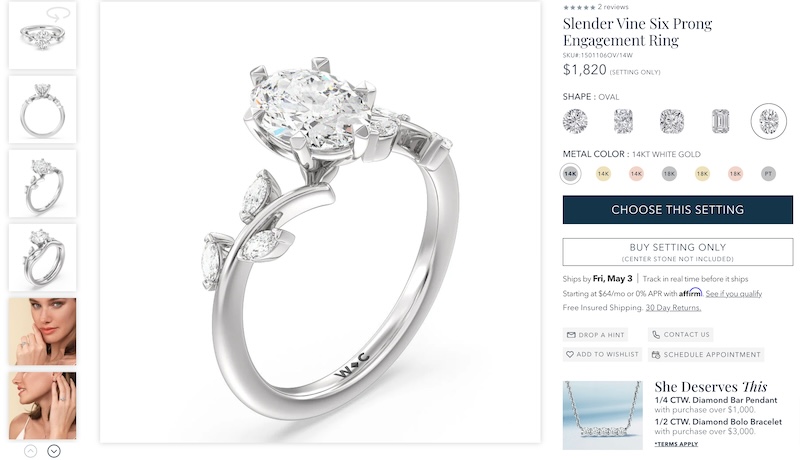 Screenshot of the With Clarity website showcasing the Slender Vine Six Prong Engagement Ring with an illustrated oval-cut diamond in 14KT white gold.